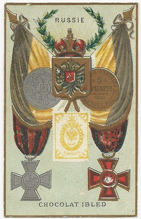 Victorian Trade Card for Chocolat Ibled with Stamp, Crest and Flag for Russie