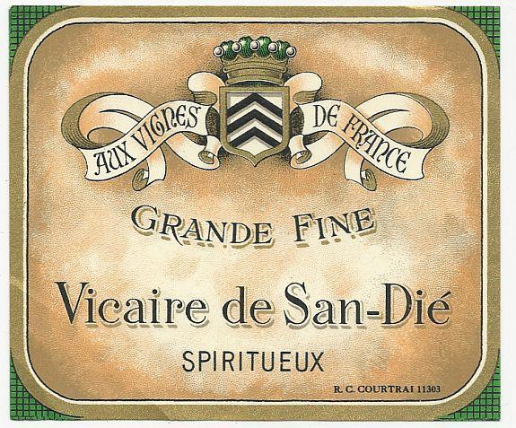 Vintage Wine Label for Vicaire de San-Die Spiritueux, Aux Vignes de France