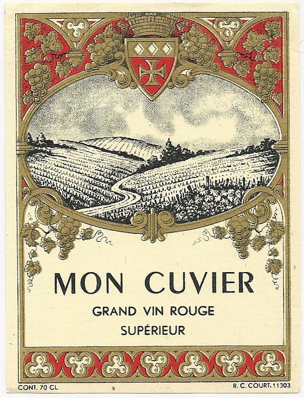 Vintage French Wine Label for Mon Cuvier, Grand Vin Rouge Superieur