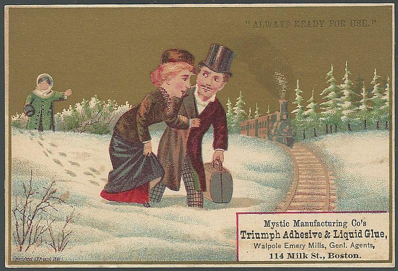 Victorian Trade Card for Triumph Adhesive and Liquid Glue with Lady and Villain