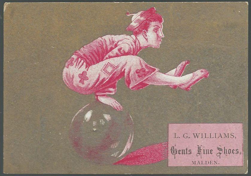 Victorian Trade Card for L.G. Williams Gents Fine Shoes with Asian Acrobat