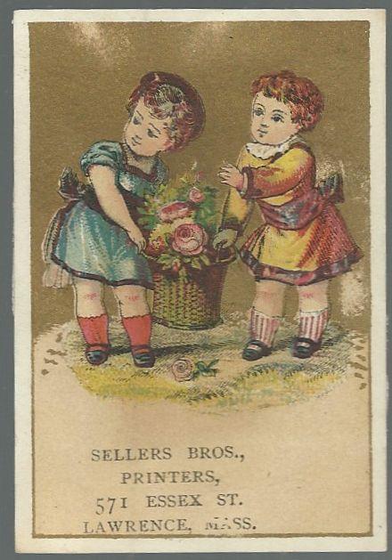 Victorian Trade Card for Sellers Bros. Printers with Girls and Rose Basket