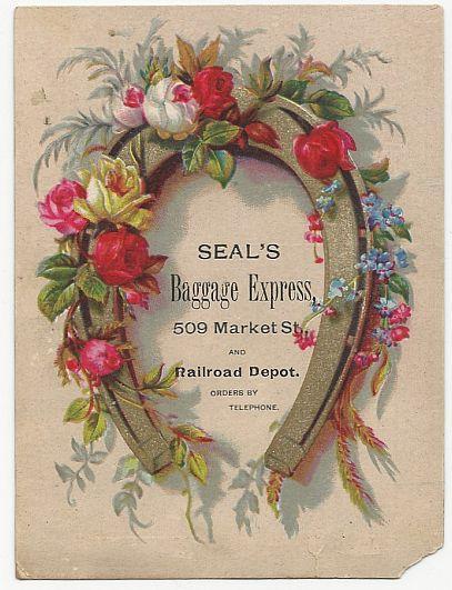 Victorian Trade Card for Seal's Baggage Express with Horseshoe and Flowers
