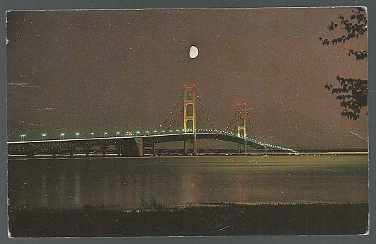 Vintage Unused Postcard of The Mackinac Bridge at Night, Michigan