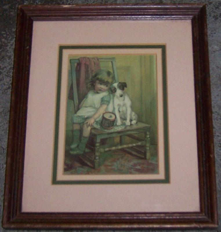 Vintage Framed Print of Little Girl with Her Dog Sitting on Chair with Toy Drum