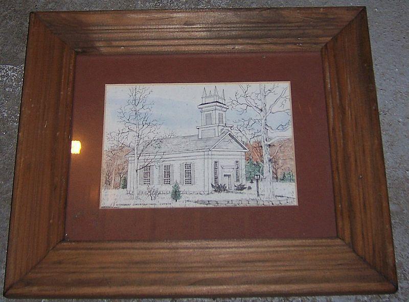 Vintage Framed Signed Sketch of Ridgeway Congregational Church, Conn RM Parker