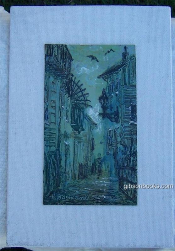 Vintage Signed Matted Green and Black Painting of Harbor Scene with Boats