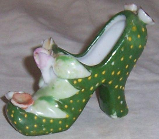 Vintage Japan Green High Heeled Shoe with Polka Dots and Flowers