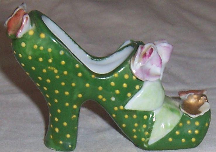 Vintage Japan Green High Heeled Shoe with Polka Dots and Flowers