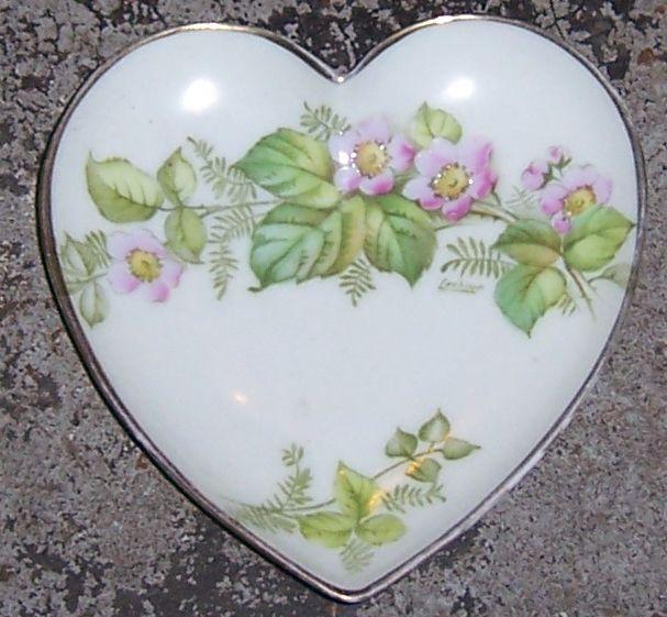 Vintage Handpainted Bavarian Heart Shaped Dish With Pink Flowers