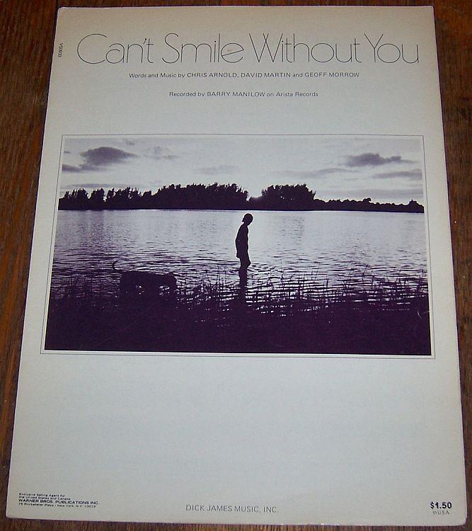 Can't Smile Without You Recorded by Barry Manilow 1978 Vintage Sheet Music