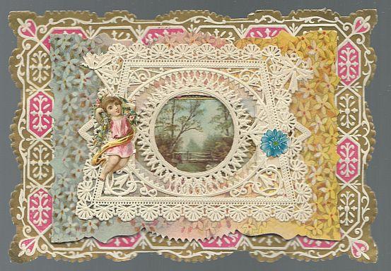 Victorian Valentine Card with Landscape With Lacy Overlay and Cut Out