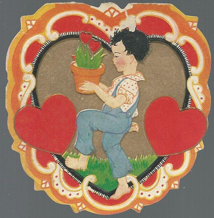 Vintage Heart Shaped Valentine with Boy Carrying Potted Plant and Hearts