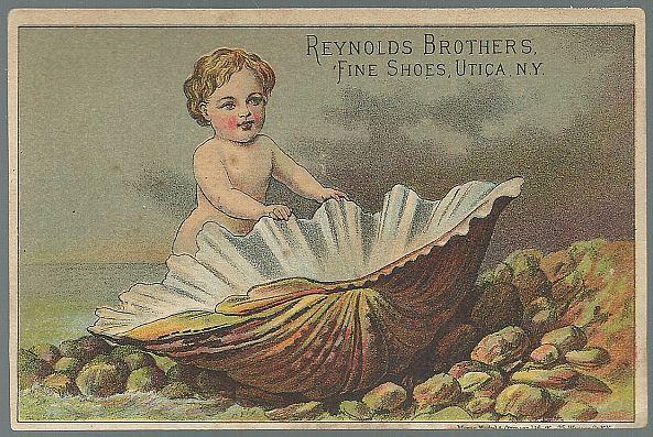 Victorian Trade Card Reynolds Brothers Fine Shoes with Baby on Beach w/Shell
