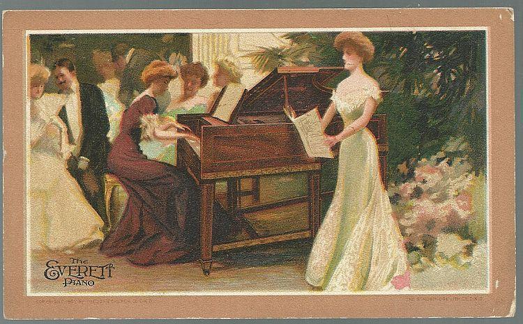 Victorian Trade Card for Everett Piano with Lovely Ladies at Singing Recital