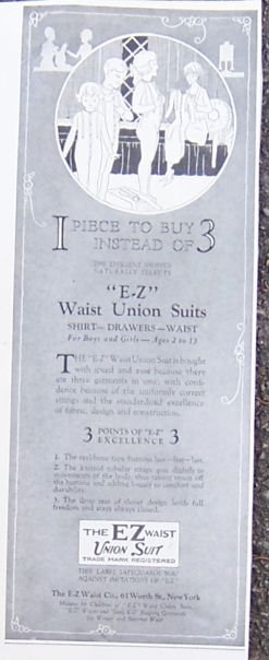 EZ Waist Union Suits For Children 1921 Advertisement