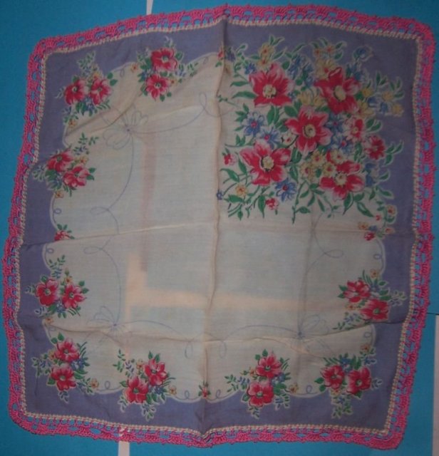 Red Floral Printed Handkerchief w/ Pink Crocheted Edge