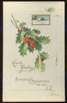 Happy Christmas Postcard With Holly and Winter Scene