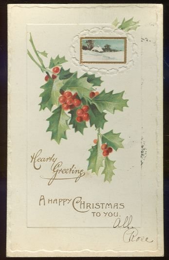 Happy Christmas Postcard With Holly and Winter Scene