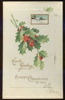 Happy Christmas Postcard With Holly and Winter Scene