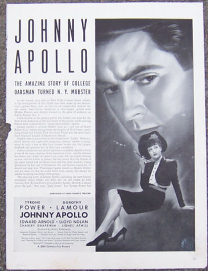 1940 Johnny Apollo w/Tyrone Power Magazine Advertisment