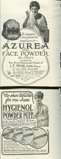 Azurea Face Powder and Hygeienol Powder Puff 1916 Advertisements