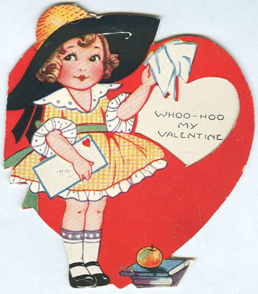 Vintage Valentine with School Girl in Cut Out Heart
