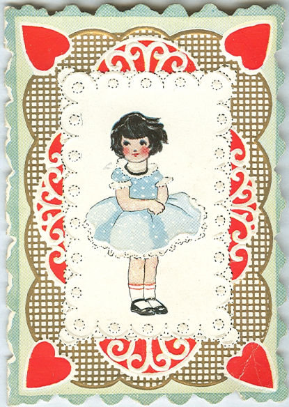 Victorian Valentine with Little Girl in Blue Dress