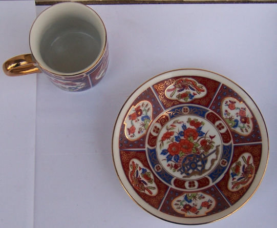 Oriental Demi Cup and Saucer Red and Blue with Gold