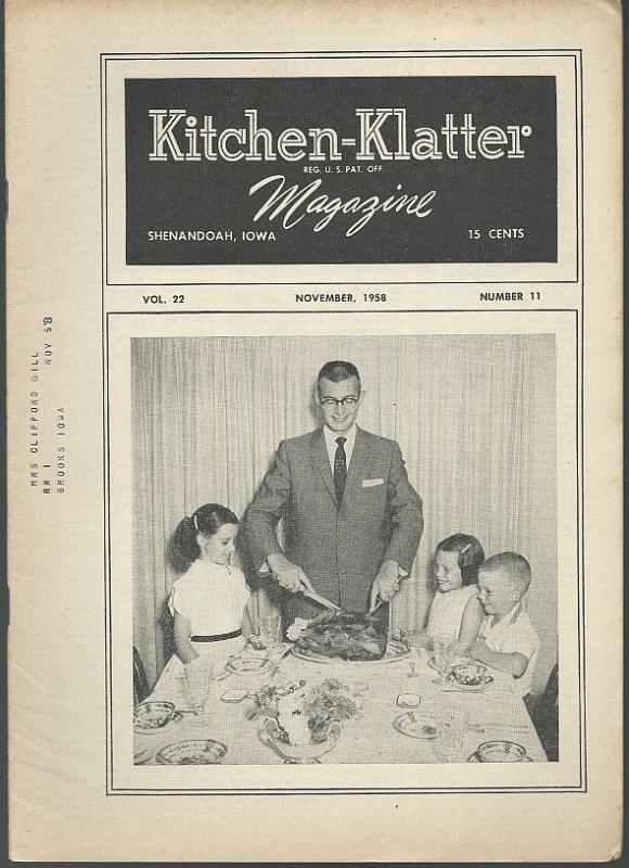 Kitchen Klatter Magazine November 1958 Thanksgiving Memories/Chocolate Cakes