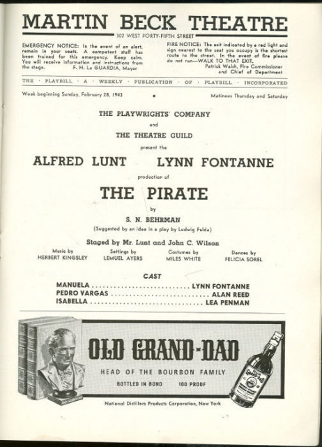 Playbill Lunt and Fontanne in The Pirate February 1943