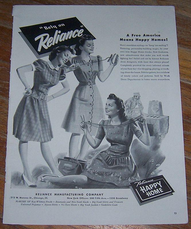 1942 Reliance World War II Life Magazine Advertisment Happy Home Frocks