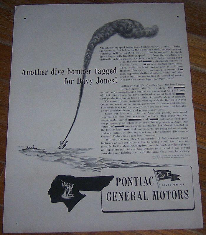 1942 Pontiac World War II Life Magazine Advertisment Dive Bombers