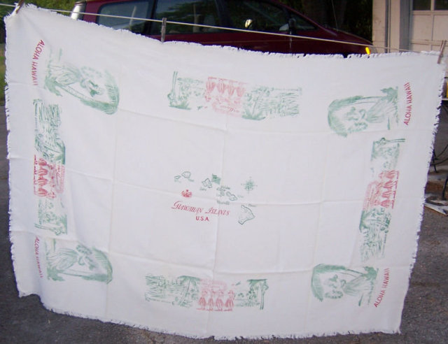 Vintage Hawaiian Islands Aloha Fringed Tablecloth