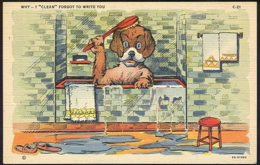 Comic Postcard of Dog Taking Bath Clean Forgot to Write