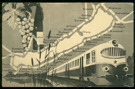 Map Postcard of Train Stops Around Lake Balaton Hungry