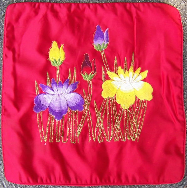 Red Satin Pillow Cover Embroidered with Flowers