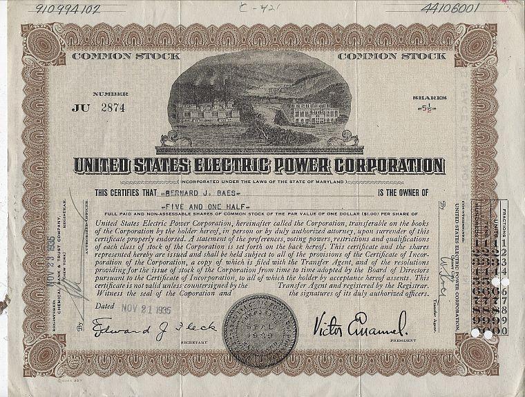 United States Electric Power Corporation, Maryland Common Stock Certificate 1935