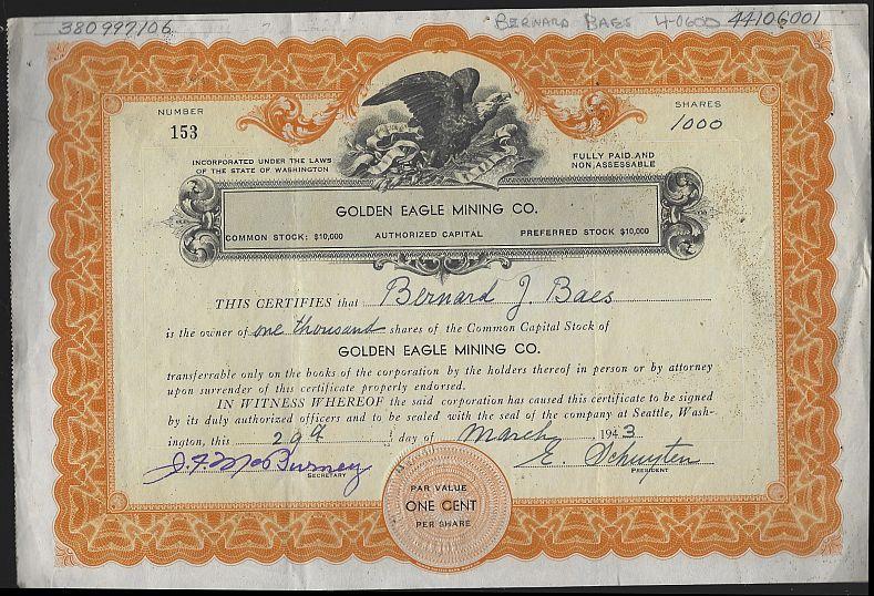 Golden Eagle Mining Co. Washington State Common Stock Certificate 1943