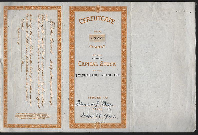 Golden Eagle Mining Co. Washington State Common Stock Certificate 1943