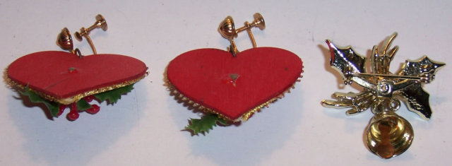 Two Pieces Christmas Jewelry Earrings and Pin w/Holly