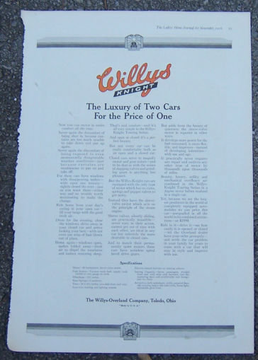 Willy's Knight Automobile 1916 Magazine Advertisement