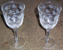 Set of Two Vintage Floral Etched Red Wine Glasses