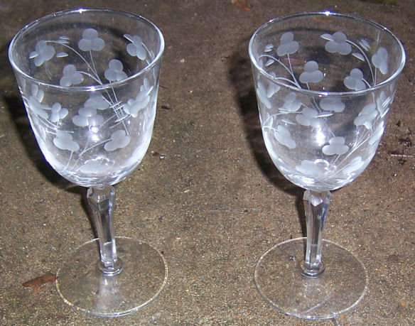 Set of Two Vintage Floral Etched Red Wine Glasses