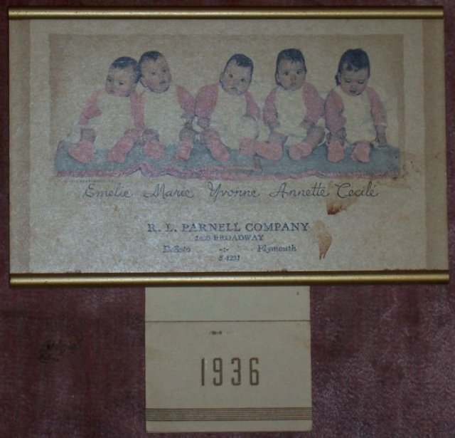 1936 Dionne Quintuplets Calendar From R. L. Parnell Co