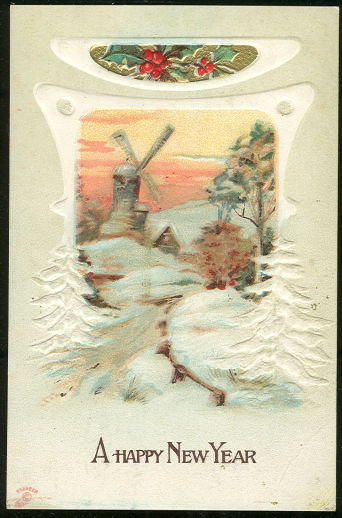 Happy New Year Postcard with Snowy Scene and Windmill