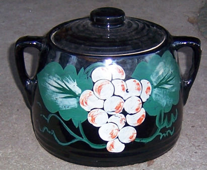 Black Pottery Cookie Jar with Handpainted Grapes
