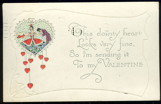 Valentine Postcard With Couple in Dainty Heart 1927