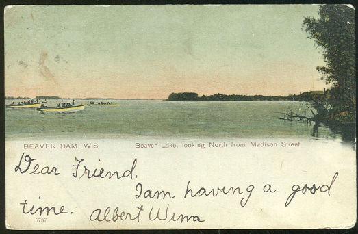 Beaver Lake, Beaver Dam, Wisconsin 1907 Postcard