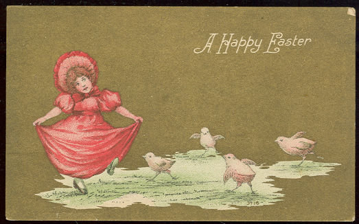 Happy Easter Postcard Little Girl Dancing With Chicks